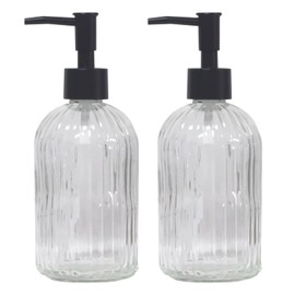 Clear Glass Soap Dispenser with Pump, 2 Pack 13.5oz Bathroom Soap Dispenser with Vertical Stripe for Hand Wash and Dish Wash, Elegant Refillable Hand Dispenser for Dishwashing Liquid, Lotion