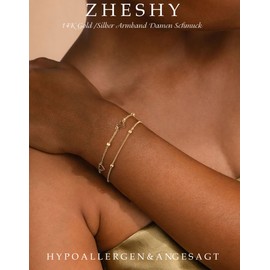 ZHESHY 2 Piece Bracelet Women's Gold Silver Chain Bracelets Set 14k Gold-Plated Charm Bracelet Adjustable Stackable Heart Knot Paper Clip Bead Bracelet Golden Bracelet Jewellery Women Women, Copper