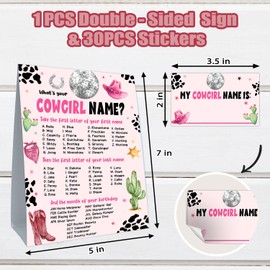 Cidobi What is Your Cowgirl Name Game, Cowgirl Birthday Party Game Set, 1 Name Game Double Sided Sign, 30 Name Stickers, Suitable for Boys Girls Cowgirl Theme Party