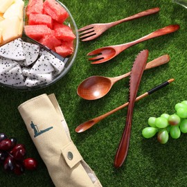 Boao 7 Pieces Wooden Cutlery Bamboo Travel Utensils Set, Include Knife, Fork, Spoon, Coffee Spoon, Wooden Straw and Straw Brush with Bag (Paint Color with Khaki Bag)