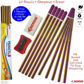 Kores Funcils HB Dark Lead Pencils, Pack of 10, Wooden Graphite Lead Pencils Sharpener Eraser Pack, Hexa Grip, Wooden Pencils for Children Student Adults School Office