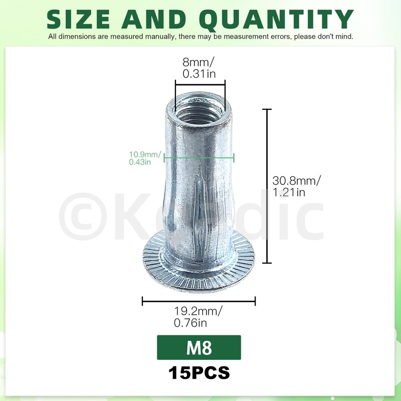 Keadic 15Pcs M8 Multi-Grip Rivet-Nut Pre Bulbed Threaded Inserts, Zinc