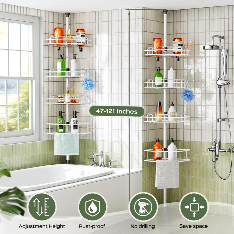 HAMITOR Corner Shower Caddy Tension Pole: Rustproof Bathroom Organizer Shelves
