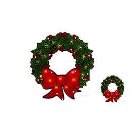 Christmas Wreath Double Sided Glazed Window Decor - Lighted with 20 Clear Bulbs - and Suction Cups 15 x 15 Inches… Green Red