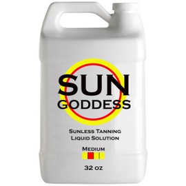 SUN GODDESS – MEDIUM - Spray Tan Solution - 32 oz - Sunless Self Tanning Liquid for Airbrush or HVLP System + INCLUDES: Applicator Mitt, Application Gloves and Best Fake Tanner Lotion Mousse Sample