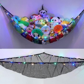 Stuffed Animals Net or Hammock Toy Storage Organizer with LED Light Unicorn Castle Hanging Corner Stuffed Animals Holder Girls Room Decor Decoration Wall Box Pet Hangable Ornaments - Color: white