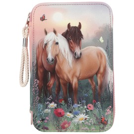 Depesche 12869 Miss Melody Flowers - Filled 3-Compartment Pencil Case in Pink with Horse Motif, Pencil Case with Colouring Pencils, Ruler, Scissors etc., Pink, Playful-Floral