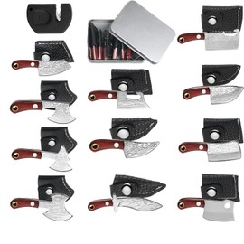 11 Mini Navajas de Bolsillo Set Cuchillo de Damasco para Mujeres y Hombres Mini Cuchillo en Forma de Hacha con Afilador de Cuchillos y Caja para Abridor de Botellas de Cerveza y Caja de Embalaje