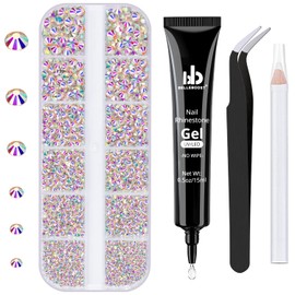 Nail Art Rhinestone Glue Gel&1 Box Flatback Gems Accessories Kit, 1 Tube of 15ml Rhinestone Gel Glue(UV/LED Needed)+Crystal AB Gems with Pickup Tools