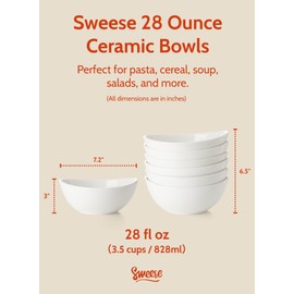 Sweese 28 oz Large White Porcelain Bowls - Set of 6 Salad, Pasta, Soup & Serving Bowls, Big Ceramic Dinner Bowls