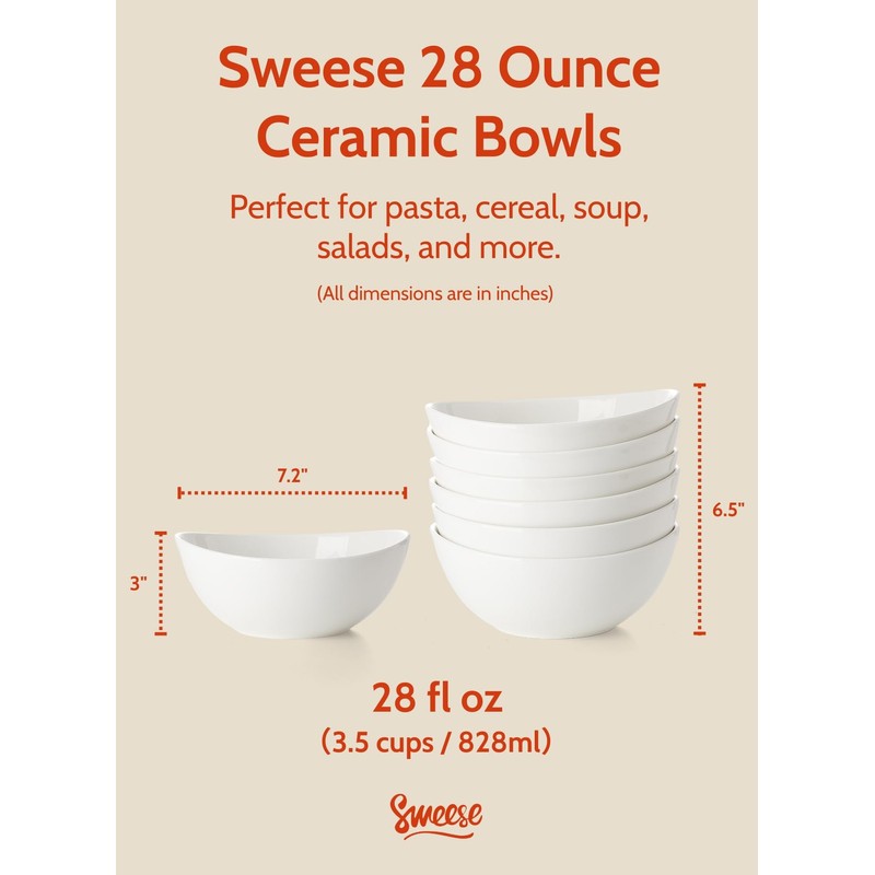 Sweese 28 oz Large White Porcelain Bowls - Set of