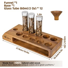 YMWVH Single Dose Coffee Bean Storage Tubes 12 Pcs Coffee Bean Cellar Container Dosing Glass Vials,2oz Glass Jars With Lids, 2 Layers Sapele Display Stand And Wooden Funnel(Large)