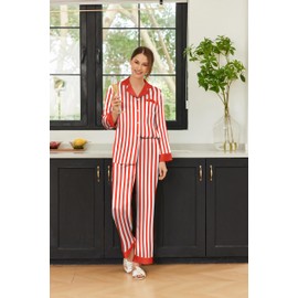 Ekouaer Silk Pajamas Striped Animal Print Satin Pj Sets Button Down Long Sleeve Silky Pjs Sleepwear Loungewear for Women Red and White Stripes Medium
