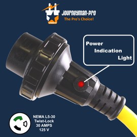 Journeyman-Pro 30A RV Power Extension Cord L530 Locking Female (Safety Yellow), Black Grip Handle w/Power Indicator - 15, 25, 50 Feet Length 125V - 30 AMP, TT-30P to L5-30R(Twist Lock), (25 Feet)