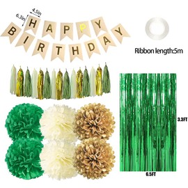 Sage Green Gold Birthday Decorations with Happy Birthday Banner, Paper Pom Poms, Paper Tassels, Green Fringe Curtain Rustic Botanical Greenery Wild Birthday Party Decor for Girls Women Adults Kids