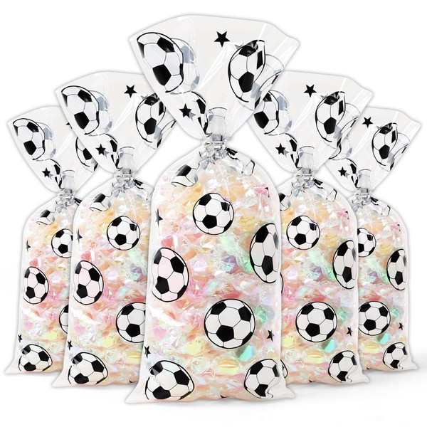 Soccer Cellophane Treat Bags, 120 Pieces Soccer Goodie Bags Football Treat Bags Party Favors Clear Candy Cello Bags with Sliver Twist Ties for Soccer Birthday Party Favors Supplies