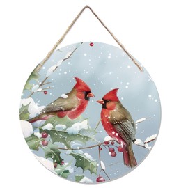 CGBHW Winter Christmas Cardinal Birds Wooden Sign, Winter Branches Berry Snowflake Snow Decoration Hanging Sign Wall Decor, Rustic Farmhouse Christmas Holiday Seasonal Wooden Sign for Home Door Decor 12 x 12 Inch