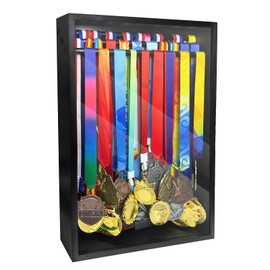 MOCAS Medal Hanger Display Case, Dust-Proof 22"x15" Wall Mount Medal Holder with 3 Hanging Rods & Trophy Shelf, Holds 60+ Medals, HD Tempered Glass, Solid Wood, for gymanstics,Race,Soccer,Swim