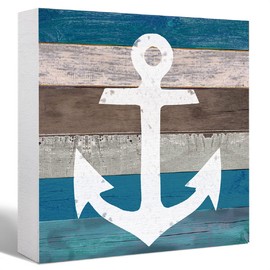 Summer Beach Theme Wood Box Sign Ship Anchor Decor Wooden Block Sign Desk Décor for Home Bedroom Office Desk Cubicle Table Shelf Tabletop Décor,Farmhouse Summer Nautical Anchor Sign Decor