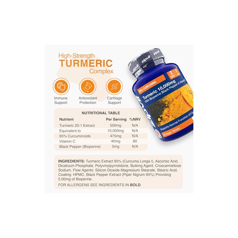 Zipvit Turmeric Tablets 10,000mg Providing 95% Active Curcumin with Bioperine