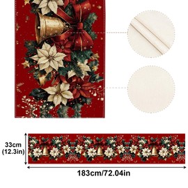 BSITSSS Christmas Table Runner 33 x 183 cm, Red Christmas Table Runner, Xmas Bells Poinsettia Flowers Table Decoration for Xmas Holiday Seasonal Home Party Decor