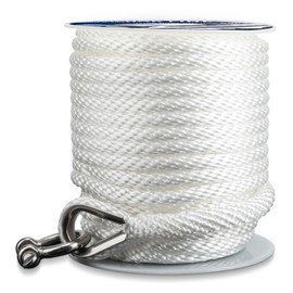 PropelTech Anchor Rope Braided Anchor Line(White, 3/8" x 100') Premium Solid Braid MFP Boat Rope with Stainless Steel Thimble & Shackle, Quality Marine Line, Boat Accessories