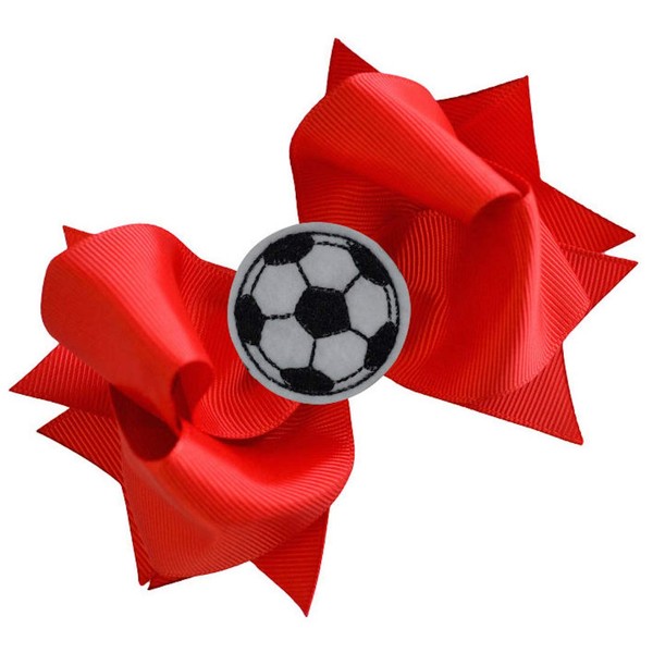 SOCCER BALL BOW Girls 4.5 Inch Grosgrain Soccer Hair Bow with Embroidered Soccer Ball By Funny Girl Designs (Red)