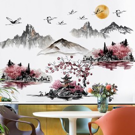 Large Chinese Style Splash Ink Landscape Painting Wall Decals Pink Cherry Blossom Wall Stickers Nature Mountain Landscapes Wall Art Removable White Crane Peel and Stick Wallpaper for Kids Room Decor