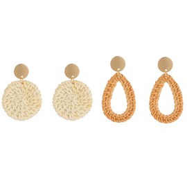 2 Pairs Rattan Earrings for Women Lightweight Geometric Statement Earrings Handmade Straw Wicker Braid Teardrop Hoop Bohemian Earrings