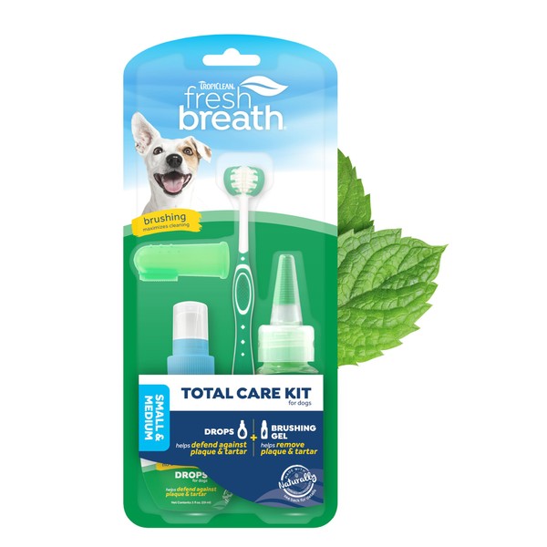 TropiClean Fresh Breath Dog Oral Care Kit | Total Care System for Plaque & Tartar Control | Dog Tooth Brushing Kit for Small & Medium Dogs