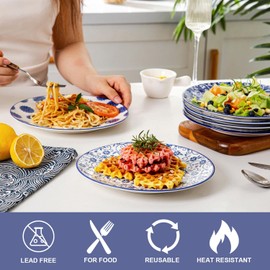 Cerkik Ceramic Salad Plates Set - 8.5 Inch Small Round Dessert Dishes for Kitchen Dinner Pasta Appetizer Sandwich - Scratch Resistant Porcelain Microwave Oven Dishwasher Safe - Set of 6 - Vintage Blue