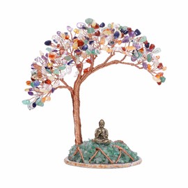 JSDDE Feng Shui Tree of Life Decoration Buddha Figure Money Tree with Agate Base Healing Stone Lucky Charm Tree Tumbled Stones Lucky Tree Decoration for Home Office Room (Chakra)