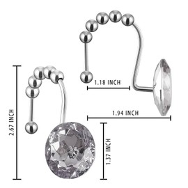 Yuiviot Crystal Diamond Shower Curtain Hooks Rings for Bathroom【12Pack】, Silver Rust Proof Stainless Steel Hooks, Decorative Gem Hanger, Bling Rhinestone, Glittery, Clear, Cute, Fancy Accessories