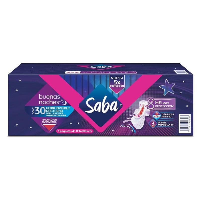 Saba Ultra Invisible Buenas Noches, toallas nocturnas con alas, flujo