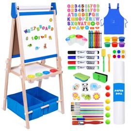 Joyooss Art Easel for Kids Easel for Toddlers,Adjustable Standing Wooden Toddler Easels Magnetic Double Sided Drawing Whiteboard & Chalkboard,Art Easels for Kids Age 2-4 4-8 Gift Blue