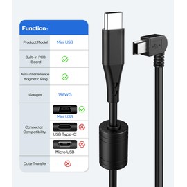 Gonifeto Dash Cam Charger Cable,(3Ft 18AWG) USB C to Mini USB Charging Cable for Garmin Nuvi,Dezl,Drivesmart 65,Zumo XT,90 Degree GPS Dashcam Replacement Power Cord,Mirror Camera Power Adapter Wire