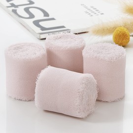 Chiffon Ribbon 4 Rolls Handmade Silk Ribbon Fringe Chiffon Gauze 1.5’’*5Yd Cream & Green Ribbons Set for Wedding Bridal Bouquet Invitations Photo PropsStyling Ribbon (Blush Pink)