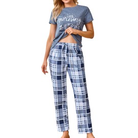 difficort Pajama Set for Women 2 Piece Lounge Set Short Sleeve Tops and Pant Soft Sleepwear, Haze Blue Plaid, Small