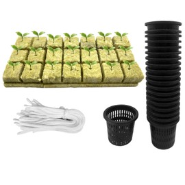 Rockwool Grow Cubes Set for Hydroponics - 21Ps Stonewool Starter Plugs and 20 Ps Slotted Mesh Net Pot Cups with 20Ps Self Watering Cotton Wick Cord for Seedlings, Cloning, Soilless Cultivation