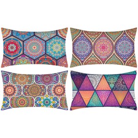 Rectangle Cushion Covers 12x20 Modern Mandala Flower Pattern Pillow Cover Cases Cotton Linen Decorative Lumbar Pillowcase for Sofa Couch Bed Chair Bedroom Living Room 30cmx50cm Pack of 4