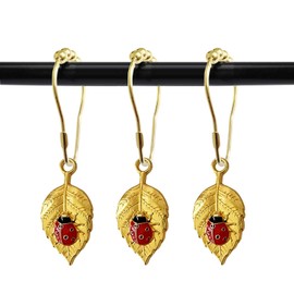ZILucky Set of 12 Leaves Shower Curtain Hooks Rings, Cute Ladybug Plant Leaf Decorative Shower Curtain Hooks Stainless Steel Rustproof (Gold-Leaf-Ladybug)