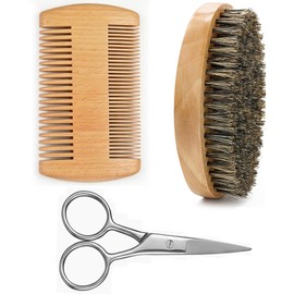 3 Piezas Cepillo Para Barba, Cepillo Para Barba Hombre, Set De Peine Y Tijeras Para Cuidado Diario Y Viaje, Herramientas De Estilo Con Cerdas De Jabalí Y Madera De Haya, Para Diferentes Barbas