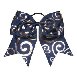 "Handmade" NEW "Silver Swirl NAVY BLUE" Cheer Bow Pony Tail Ribbon Hair Bows Cheerleading