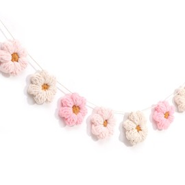 Boho Crochet Daisy Garland - Pink and Beige Yarn Floral Banner for Baby Girl Nursery Decor, Handmade Daisy Garland for Birthday Party, Boho Room Wall Hanging Decoration, Groovy one Birthday Decor