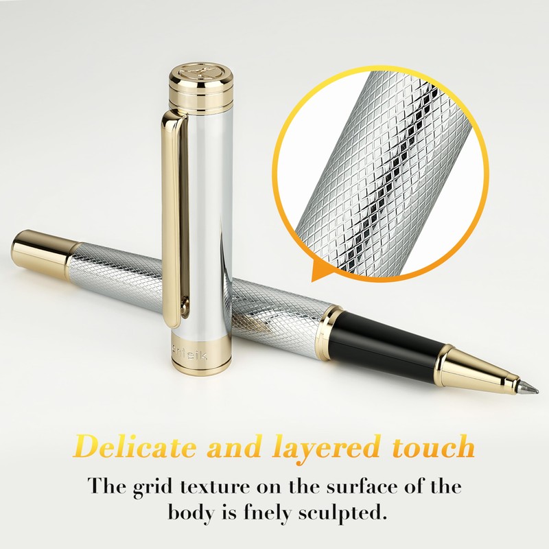 MCNTEIK Silver Chrome Rollerball Pen, Stunning Luxury Pen with Mesh