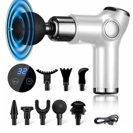 Pistola de Masaje con 32 Niveles Ajustables, 8 Cabezales de Pistola Masaje Muscular, USB Recargable, Ultra Silenciosos y Pantalla Táctil LCD Pistola Masajeadora para aliviar el Dolor y la rigidez de los músculos