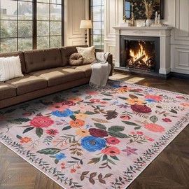 GRAMBET Living Room Rugs, Area Rugs 5x8 Rug for Bedroom Ultra-Thin Soft Rug, Non-Slip Washable Rugs Stain Resistant Boho Rug Low-Pile Throw Rug for ‎Dining Room Office (5 x 8, Beige Lawn)