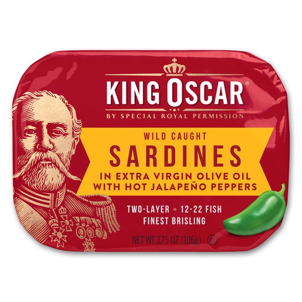 King Oscar Wild Caught Sardines in Extra Virgin Olive Oil, Hot Jalapeno Peppers, 3.75 Ounce (Pack of 12) (3480000656)