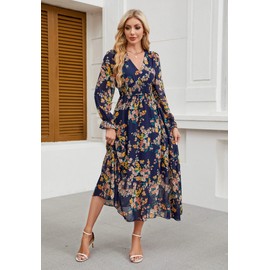 Galocmo Women 2024 Floral Maxi Dress, Casual Long Sleeve V-Neck Empire Waist Fall Dress, Flowy Boho Wedding Guest Dress Navy Blue