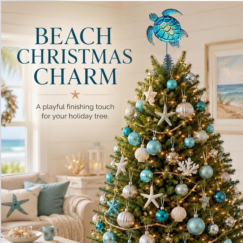 Soulchen Christmas Beach Tree Topper Metal Blue Sea Turtle Treetop